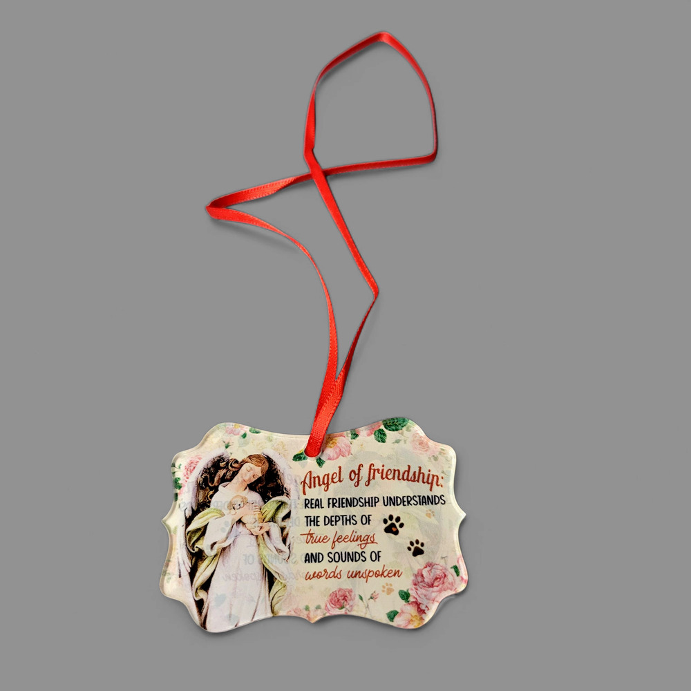 Angel of Friendship Hanging Ornament Plaque‎ Red Ribbon Paw Prints Tag Decor